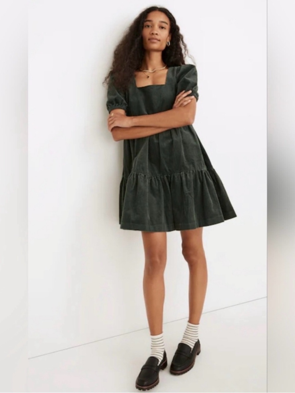 Madewell Dark Green Square-Neck Tiered Mini Dress